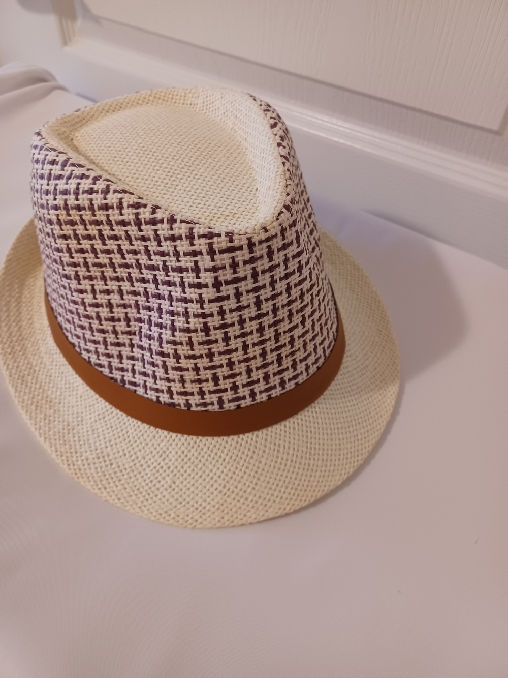 Straw Fedora Hat with Brown Belt - Cream & Purple - Picture 16 of 16